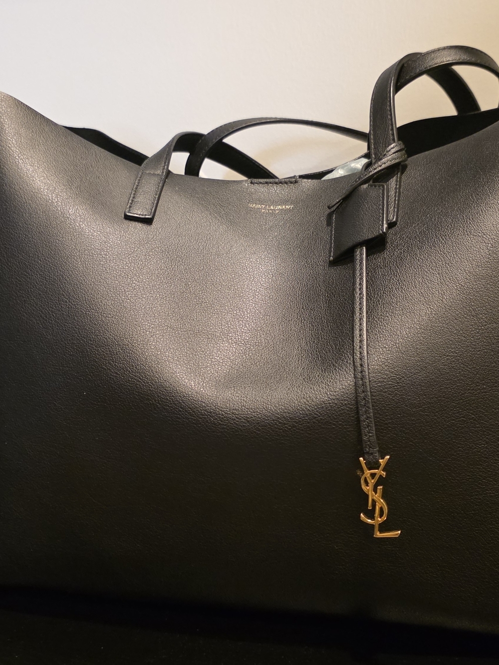 Saint Laurent Black Leather Tote with Gold YSL Charm
